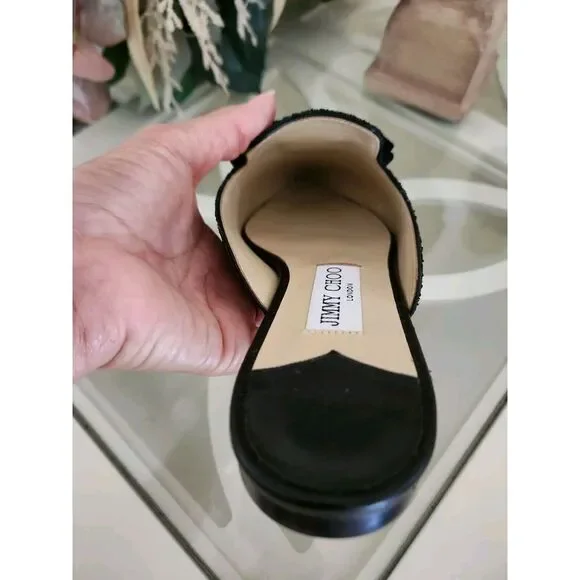 Jimmy Choo Women's Black Coarse Glitter Galaxy Mule Flats Shoes